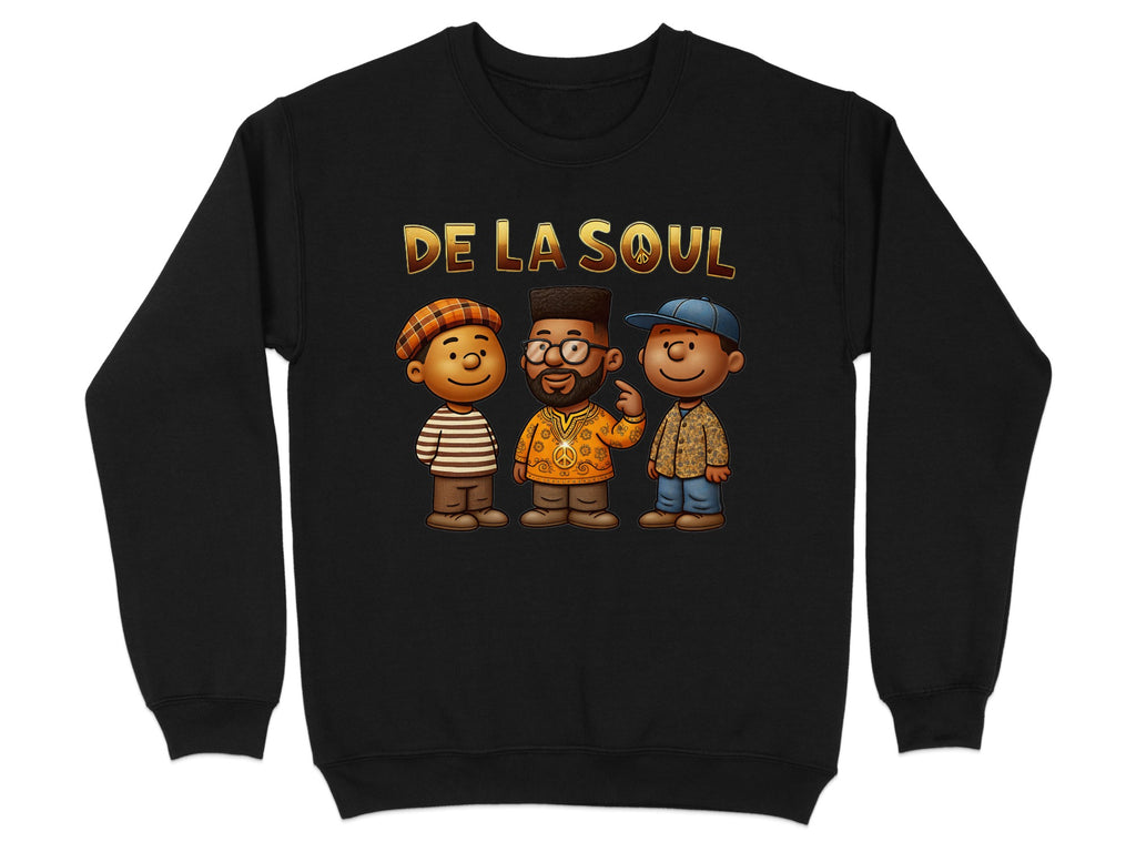 Three cartoon characters with the text "DE LA SOUL" above them.