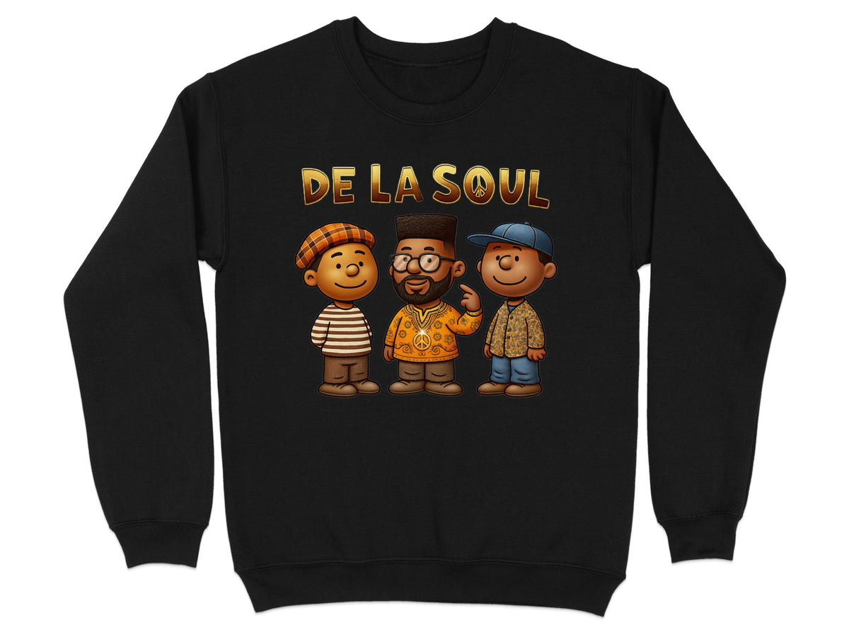 Three cartoon characters with the text "DE LA SOUL" above them.