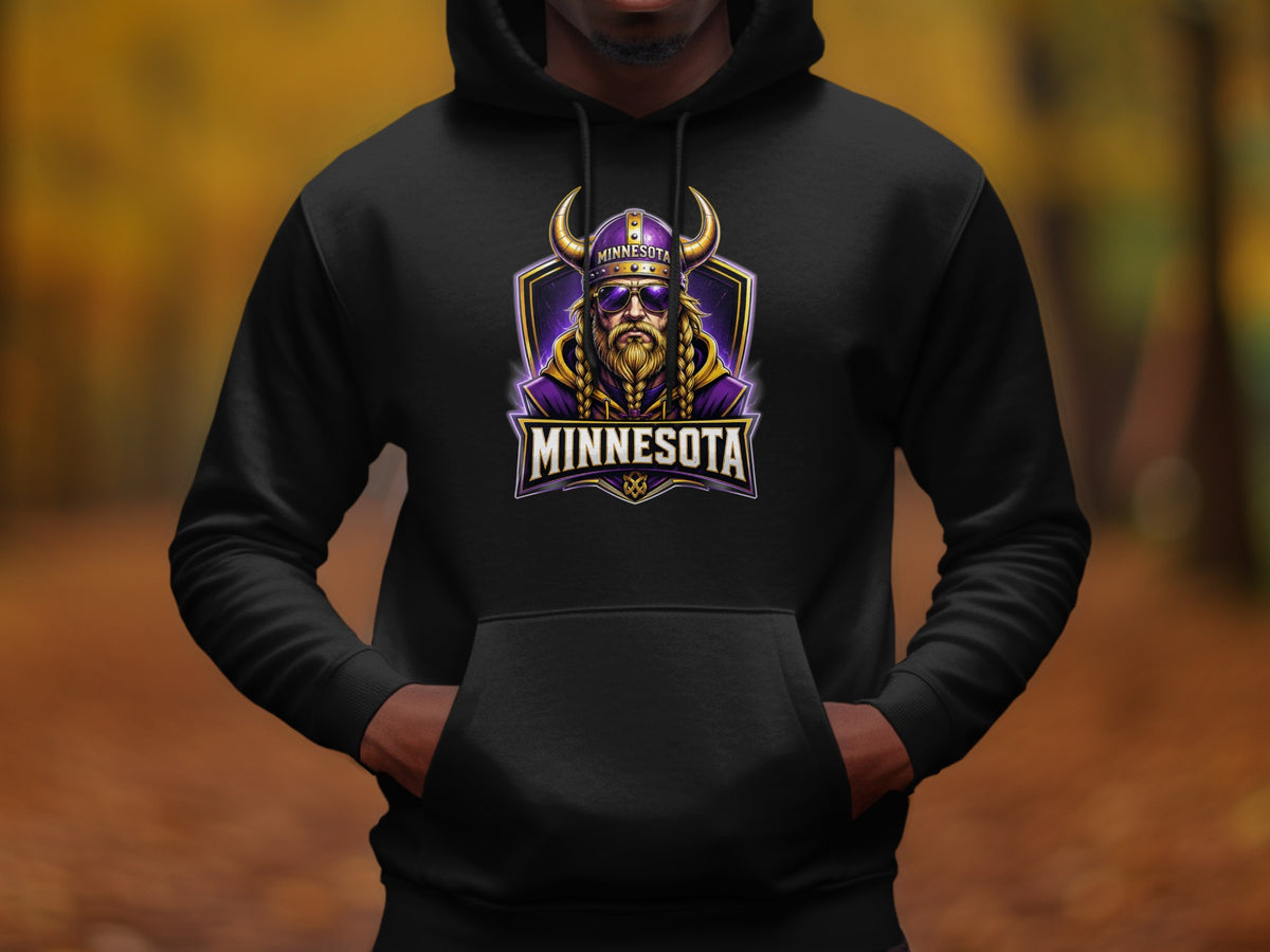 Black hoodie with a Minnesota Vikings-themed graphic featuring a viking and the word "Minnesota".