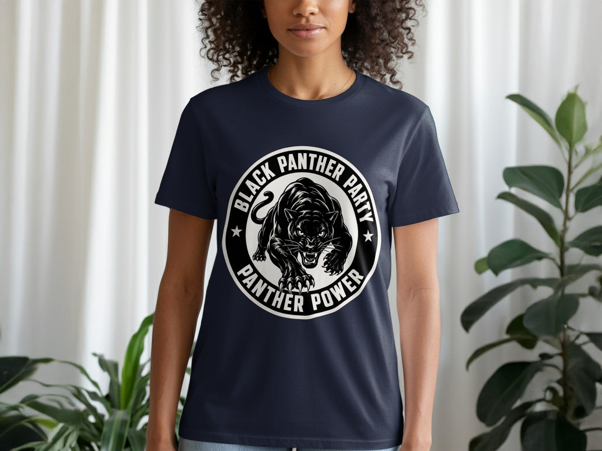 Black Panther Party Panther Power logo on a navy blue t-shirt worn by a person.
