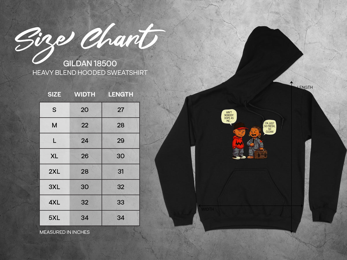 Gildan 18500 Heavy Blend Hooded Sweatshirt size chart with width and length measurements.