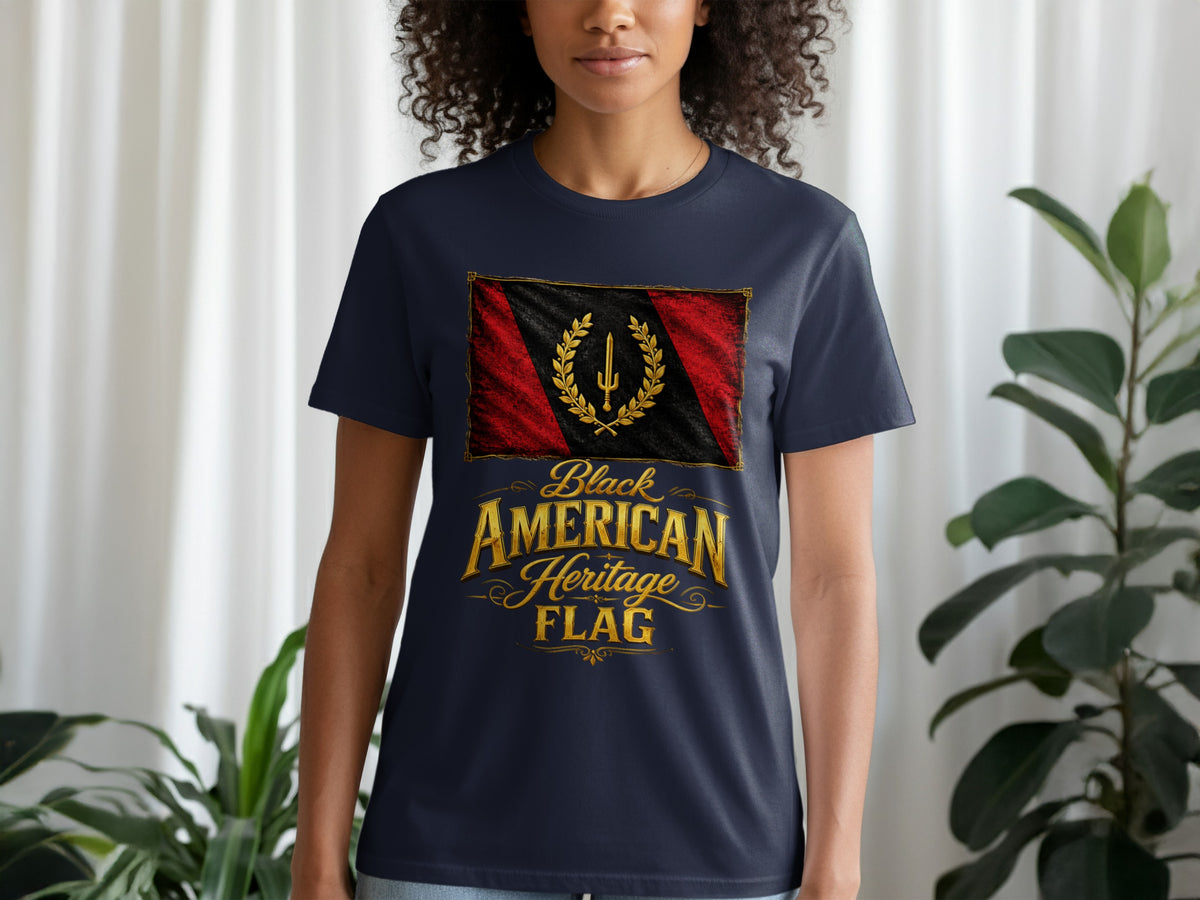 Navy t-shirt featuring a flag with gold laurel wreath and sword, text "Black American Heritage Flag".