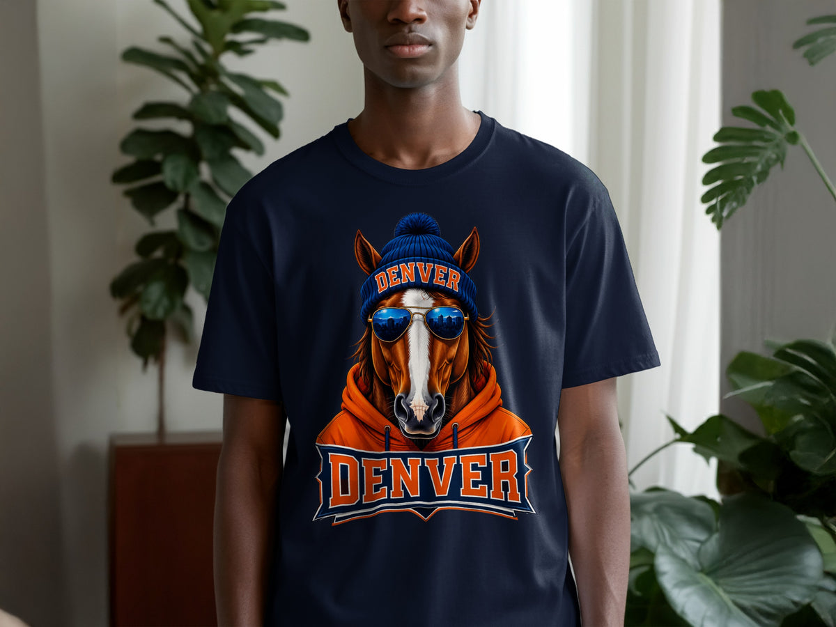 Horse wearing beanie and sunglasses with "DENVER" text, sporting an orange hoodie.
