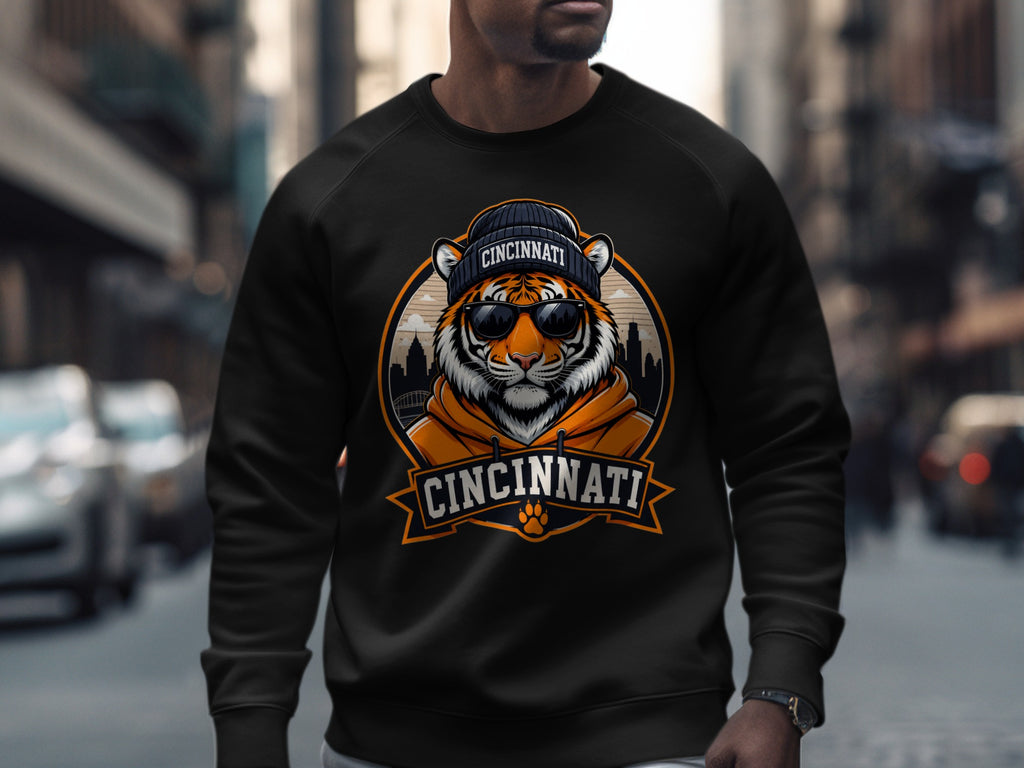 Black sweatshirt with a tiger wearing sunglasses and a beanie with "Cincinnati" text.
