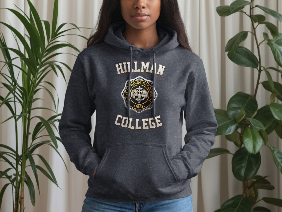 Dark grey Hillman College hoodie with crest and "1881" text.