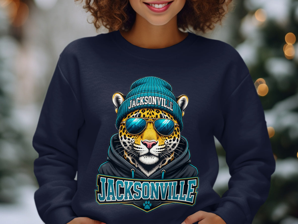Navy sweatshirt with a leopard wearing a beanie and sunglasses, displaying "JACKSONVILLE" text.