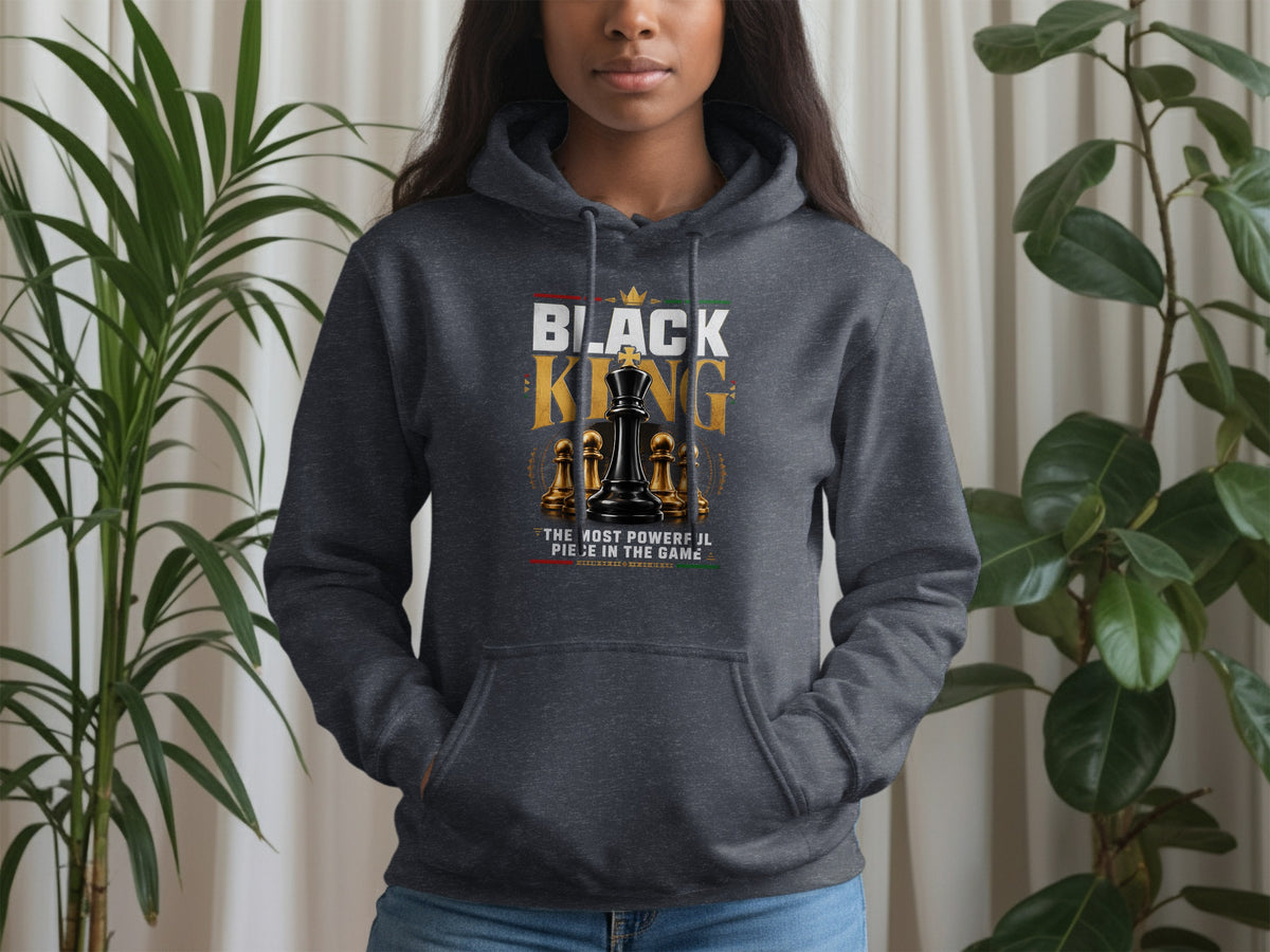 Dark grey hoodie with "Black King" text and chess pieces graphic.