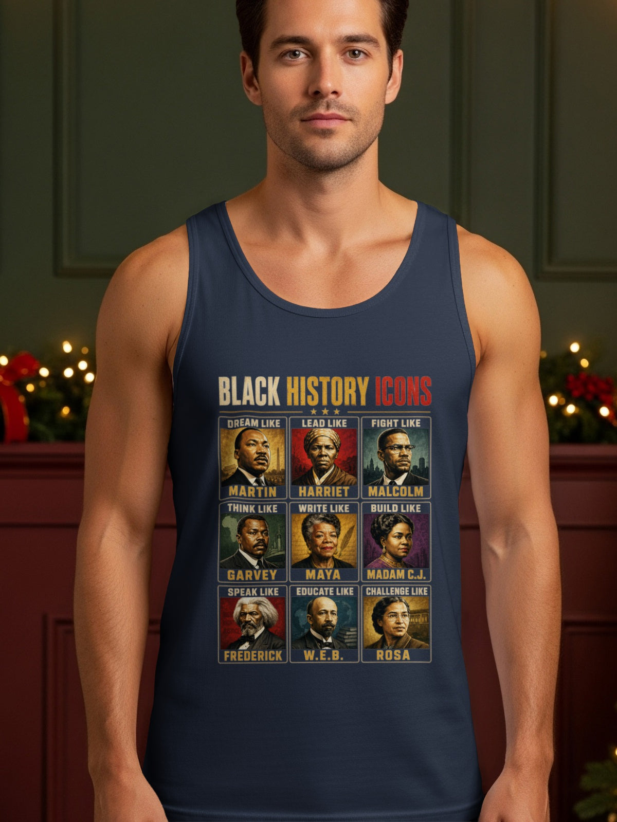 Black History Icons montage featuring Martin, Harriet, Malcolm, Garvey, Maya, Madam C.J., Frederick, W.E.B., and Rosa.
