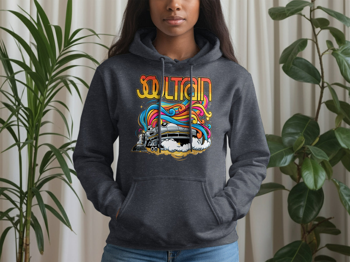 Dark grey hoodie with "SOULTRAIN" text and a colorful train graphic on the chest.