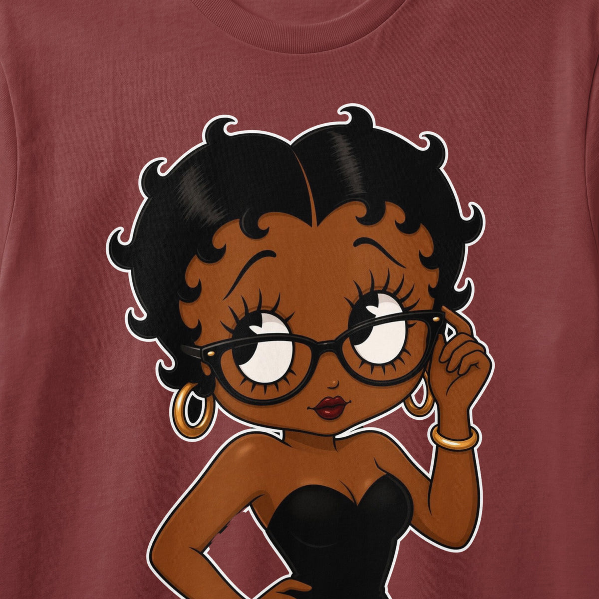 Betty Boop character with glasses and hoop earrings on a maroon shirt.