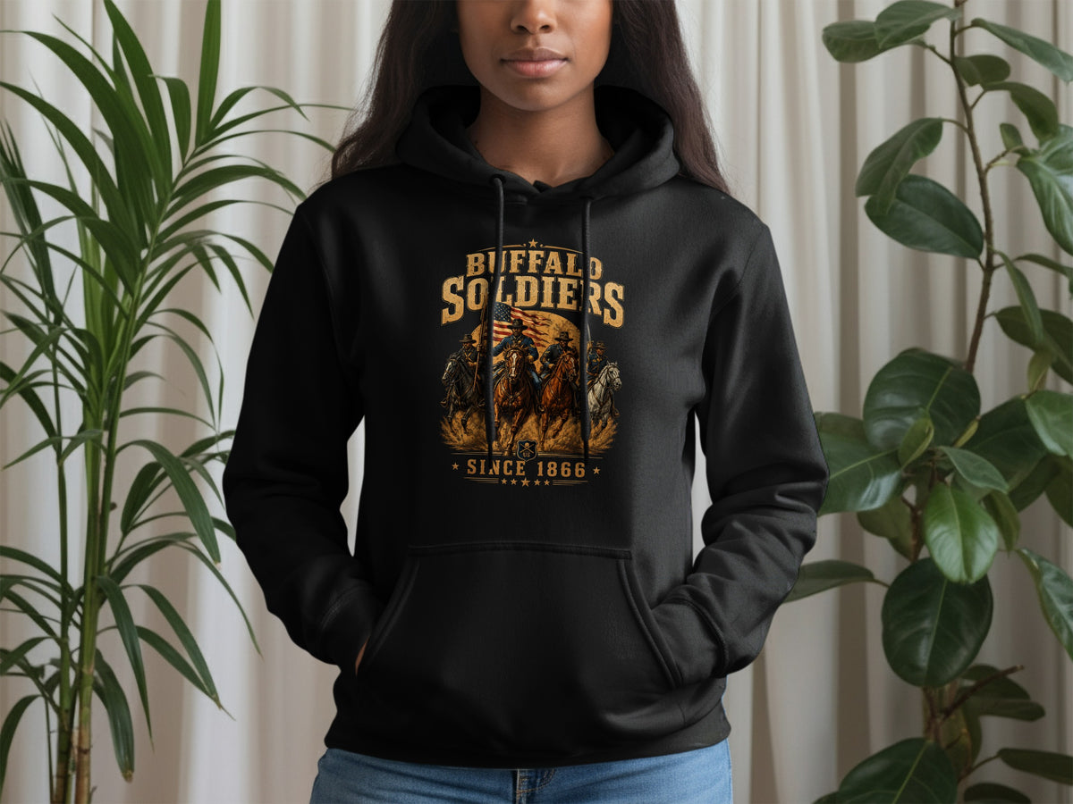Black hoodie with "Buffalo Soldiers Since 1866" graphic featuring cavalry and American flag.