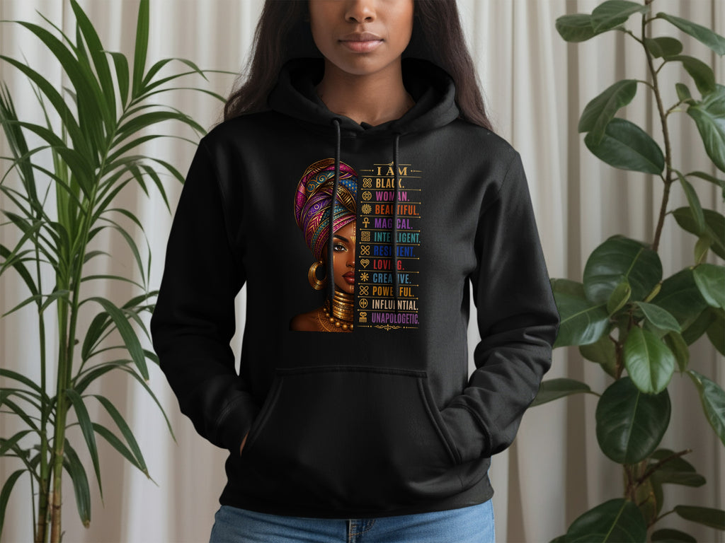 Black hoodie with "I AM" and list of positive attributes for Black women.