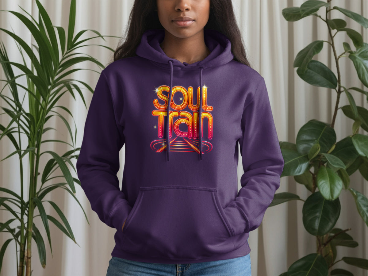 Purple hoodie with a "Soul Train" graphic featuring a stylized train track design.