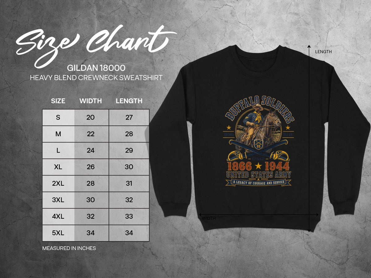 Gildan 18000 size chart for crewneck sweatshirt with Buffalo Soldiers graphic.
