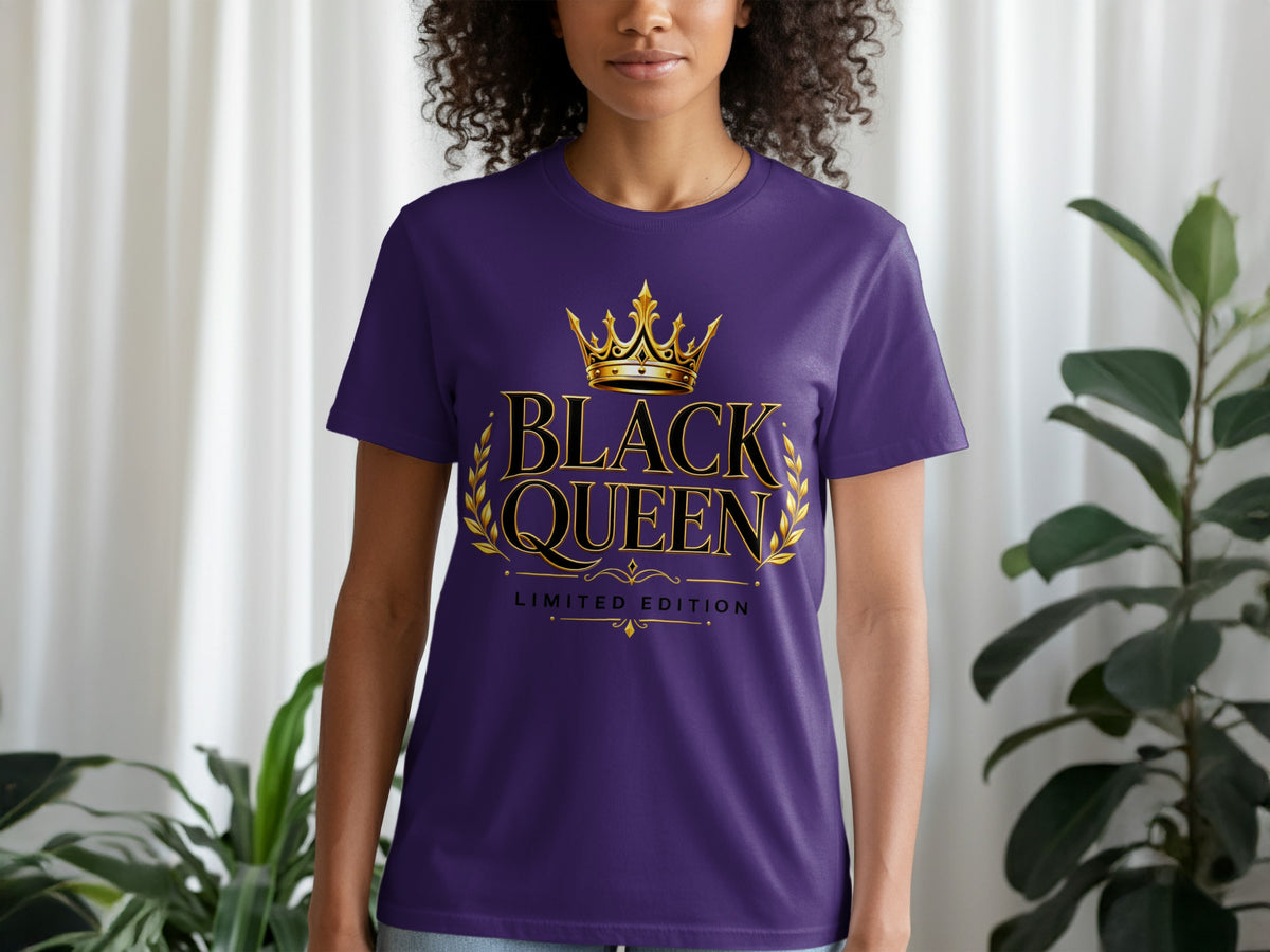Purple t-shirt with gold crown graphic and text "BLACK QUEEN LIMITED EDITION".