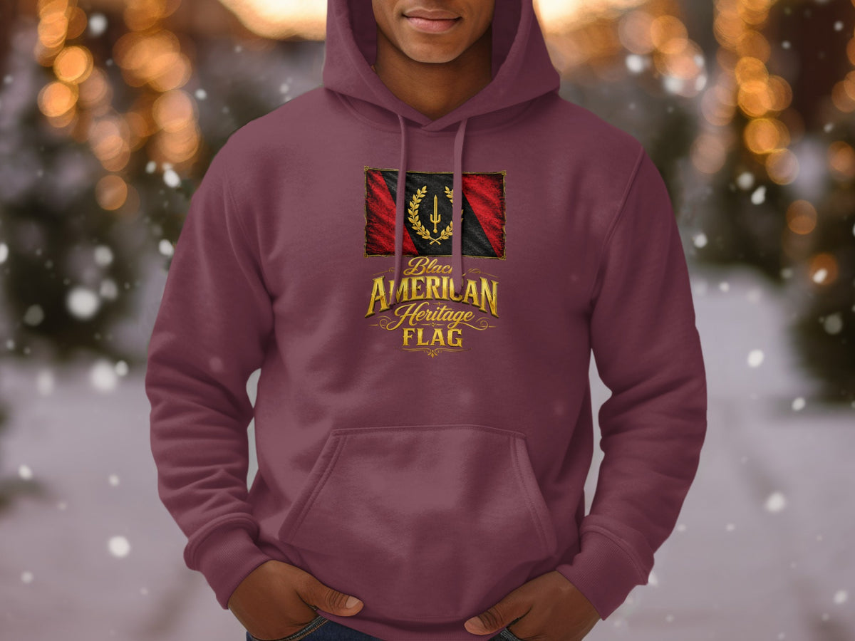 Burgundy hoodie featuring the Black American Heritage Flag with text below.