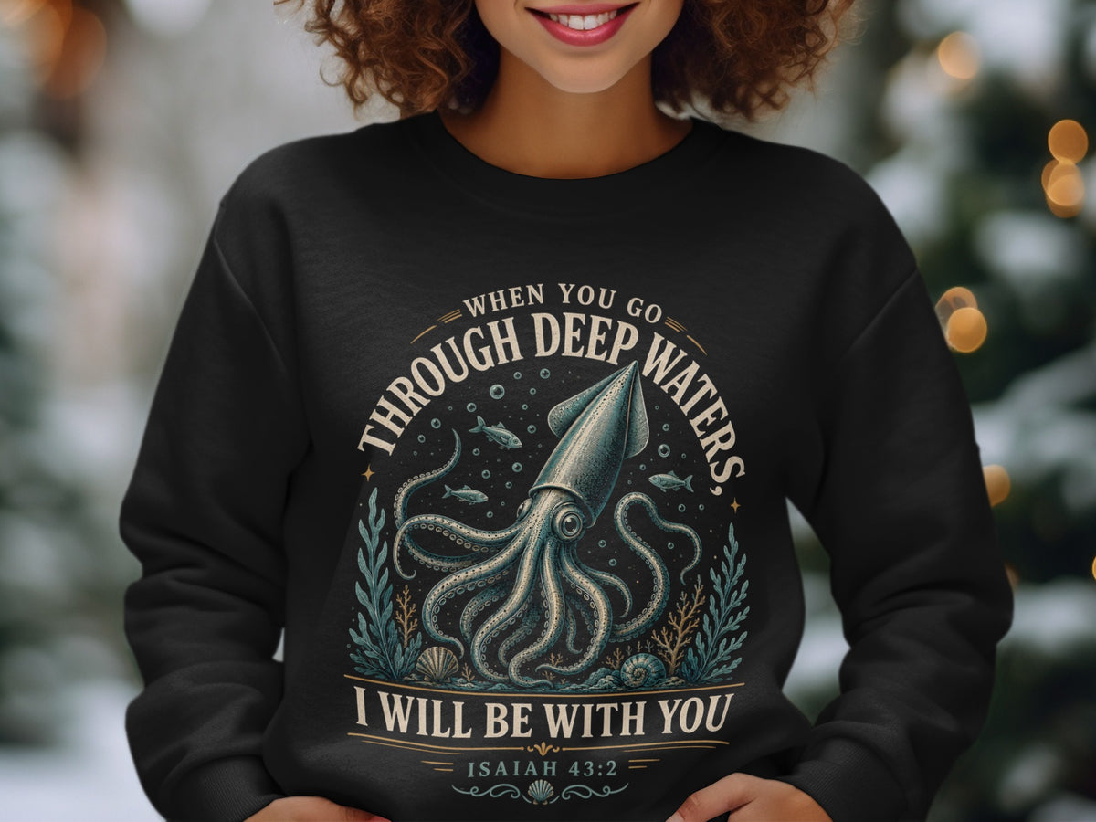 Black sweatshirt with octopus, fish, shells, and text Isaiah 43:2.