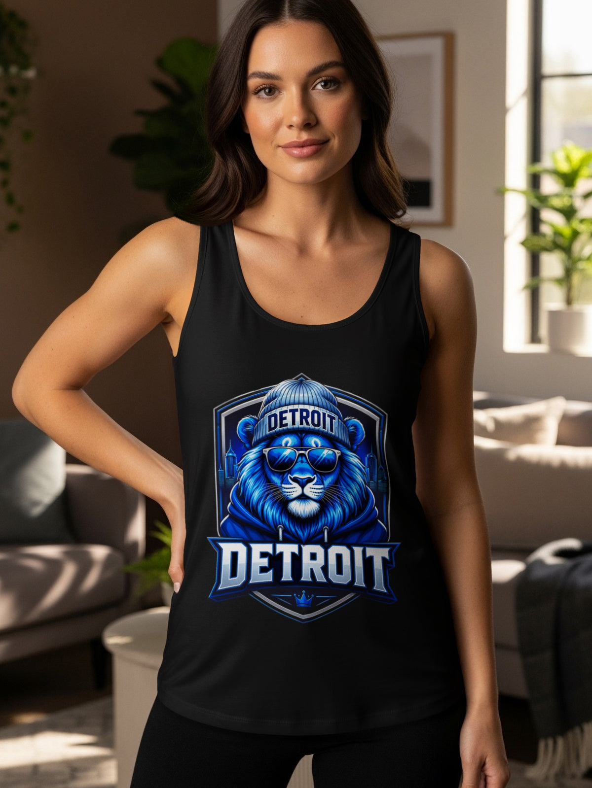 Black tank top with Detroit lion graphic wearing a beanie and sunglasses.