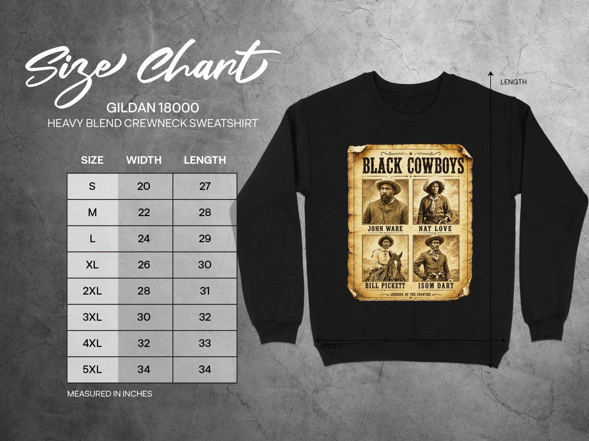 Gildan 18000 sweatshirt size chart with width and length measurements for sizes S through 5XL.