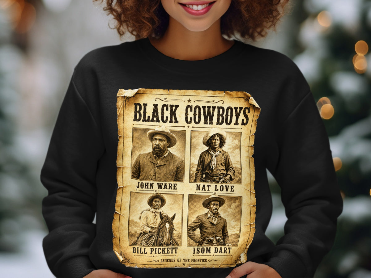 Black Cowboys poster with John Ware, Nat Love, Bill Pickett, and Isom Dart.