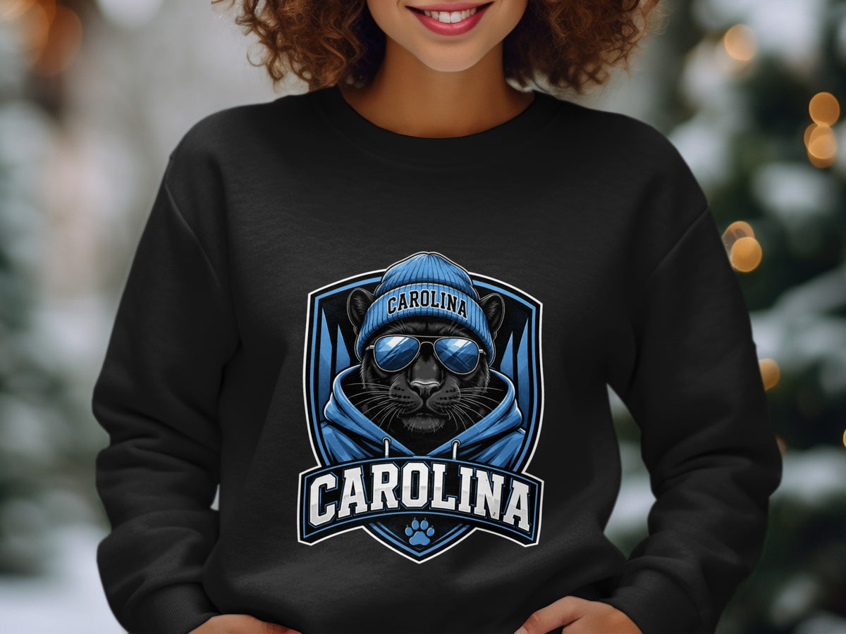 Black sweatshirt with a Carolina panther wearing a beanie and sunglasses.