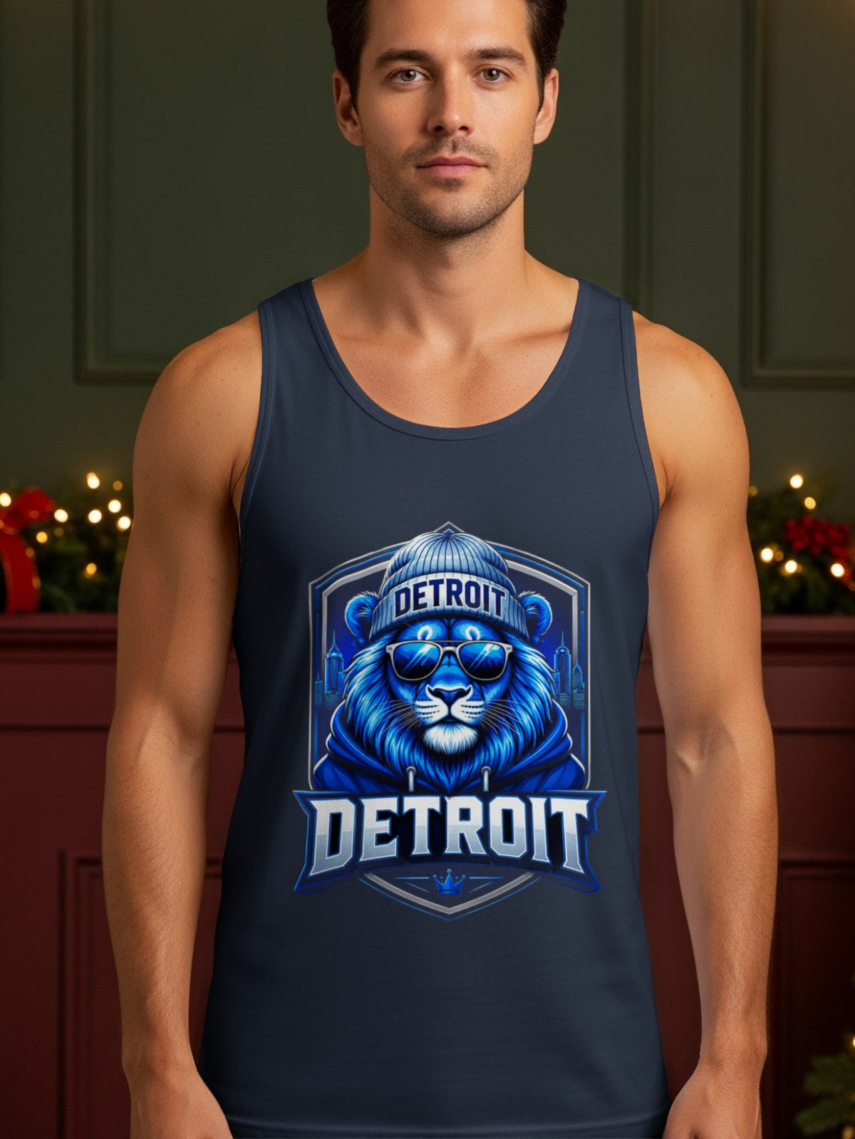Detroit lion wearing sunglasses and beanie on navy tank top