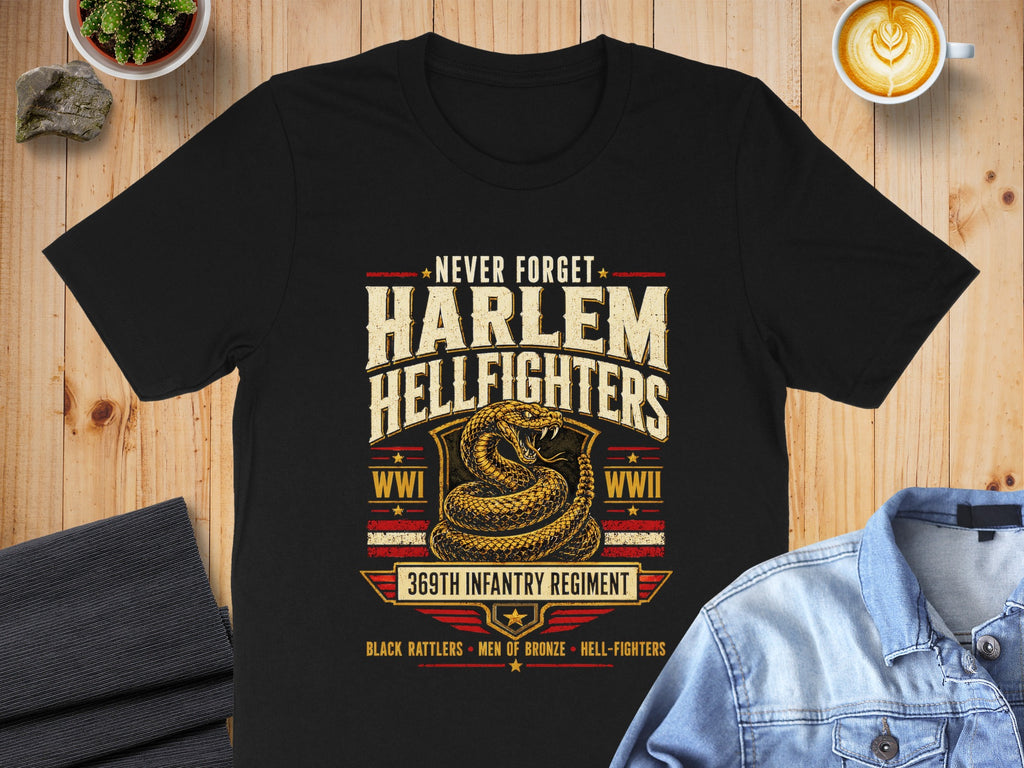 Black t-shirt with Harlem Hellfighters design, snake, and 369th Infantry Regiment.