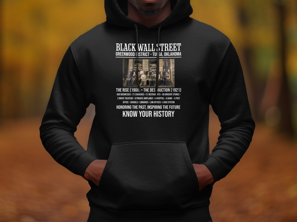 Black Wall Street Greenwood District, Tulsa, Oklahoma with historical text and image.