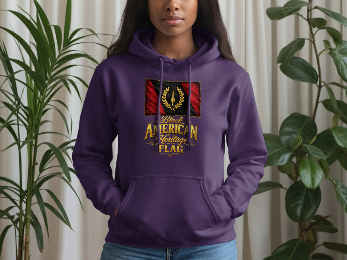 Purple hoodie with Black American Heritage Flag graphic.