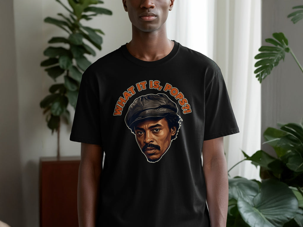 Black t-shirt with graphic of a man's face and text "WHAT IT IS, POPS?!"