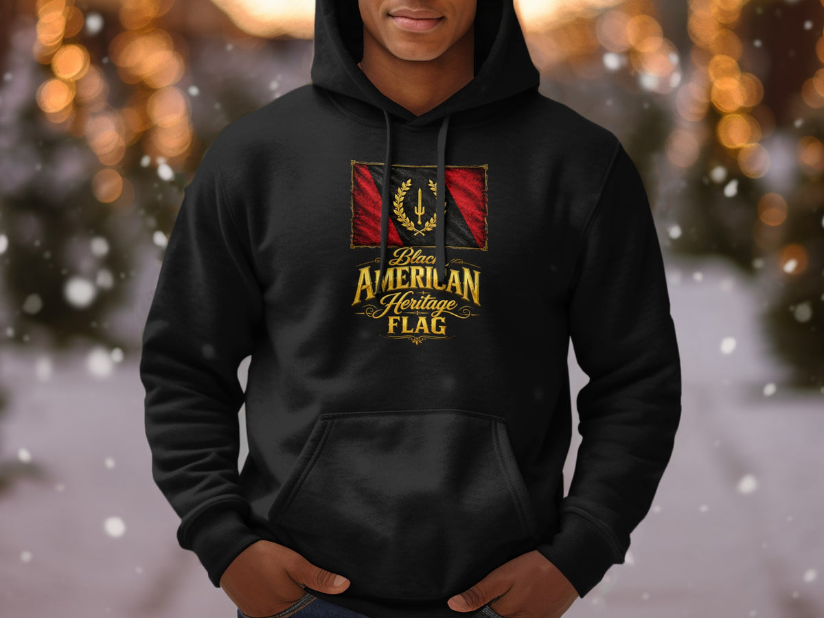 Black American Heritage Flag graphic on a black hoodie.
