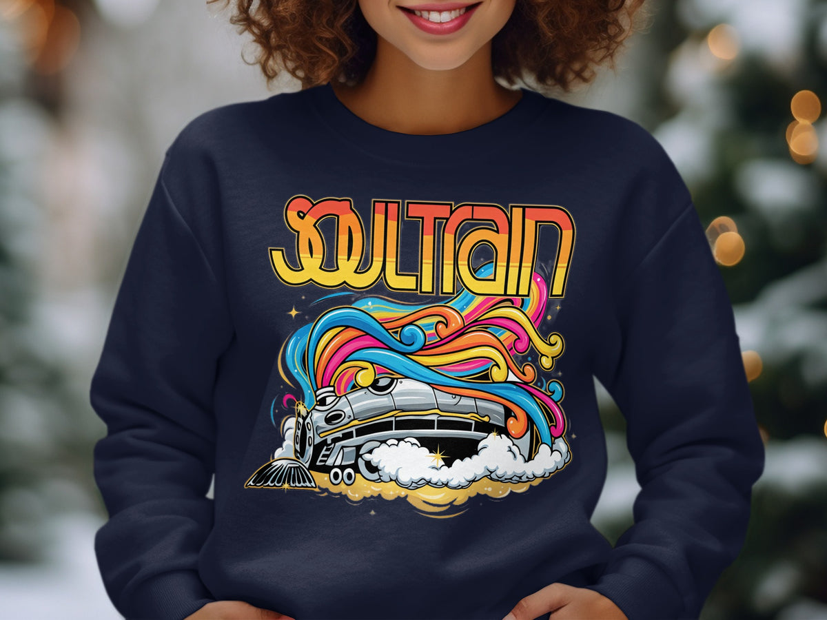 Navy sweatshirt with "SOULTRAIN" text and a colorful train graphic.