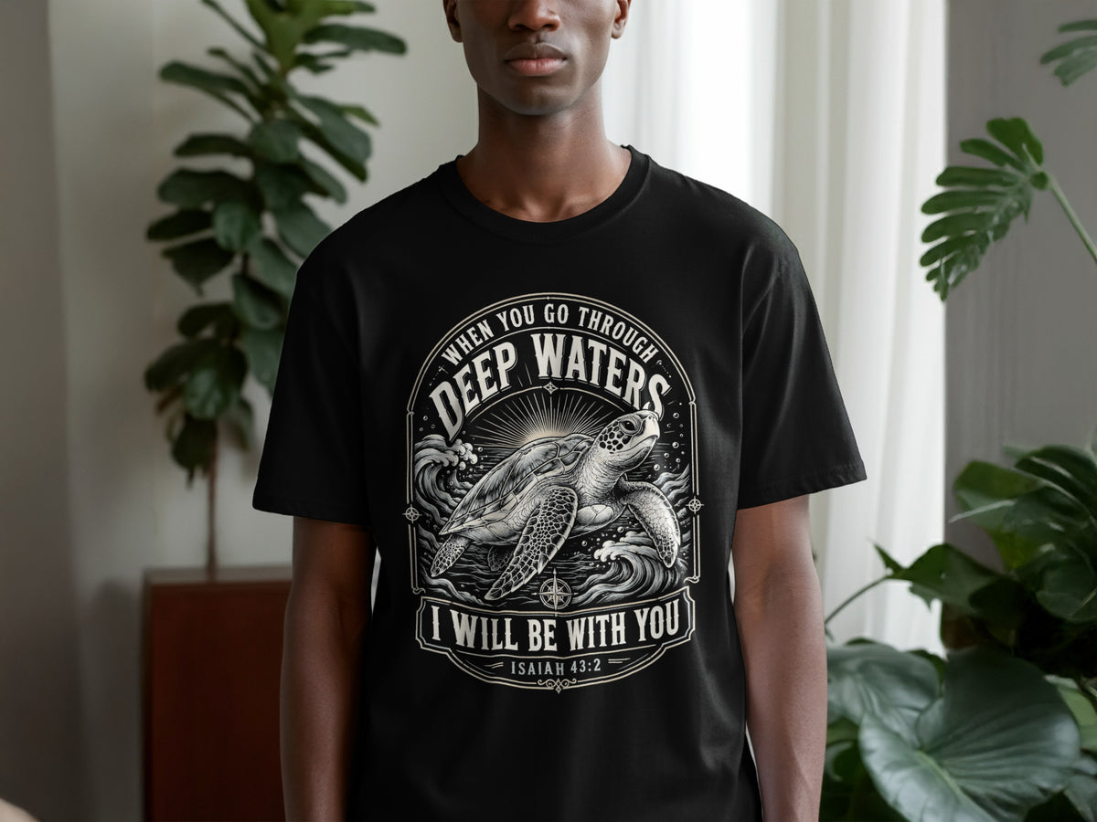 Black t-shirt with turtle and waves design, reads "Deep Waters I Will Be With You Isaiah 43:2".