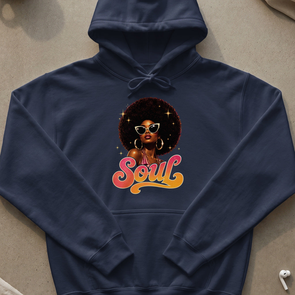 Navy hoodie with graphic of woman with afro and sunglasses and the word "Soul".
