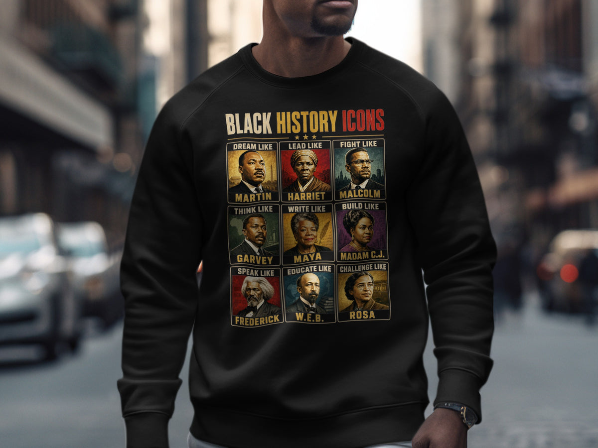 Black History Icons shirt with portraits of Martin, Harriet, Malcolm, Garvey, Maya, Madam C.J., Frederick, W.E.B., and Rosa.