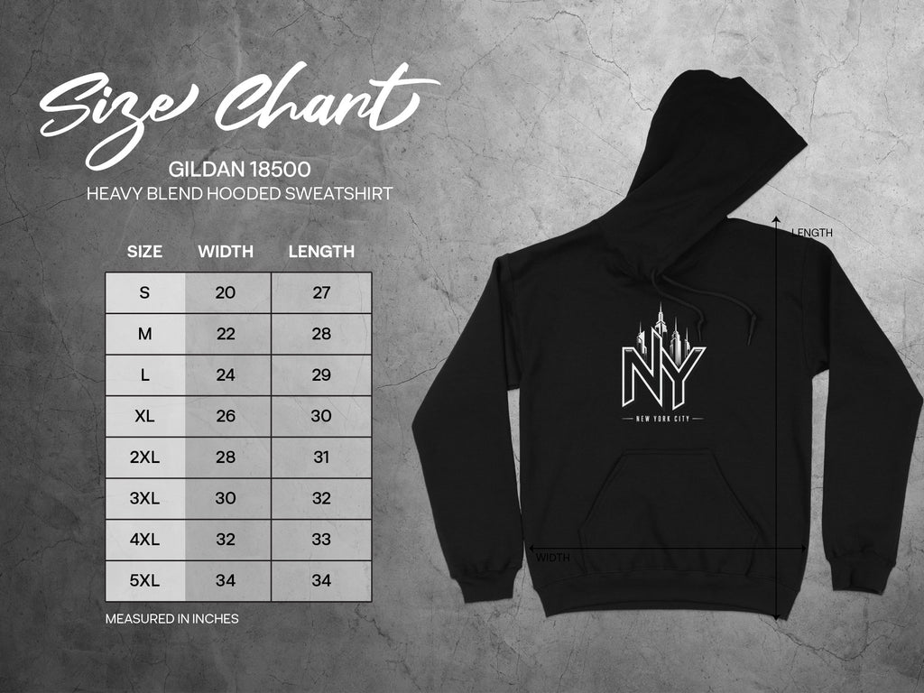 Gildan 18500 Heavy Blend Hooded Sweatshirt size chart with measurements in inches.