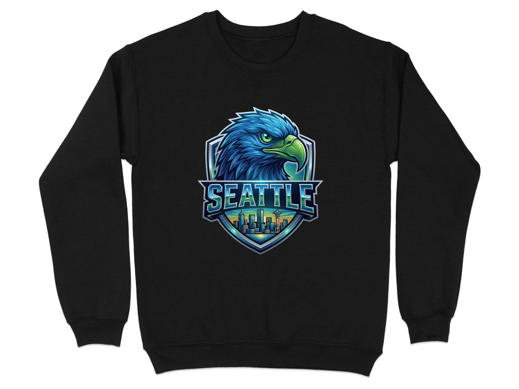 Seattle skyline with blue eagle head crest on a black sweatshirt.