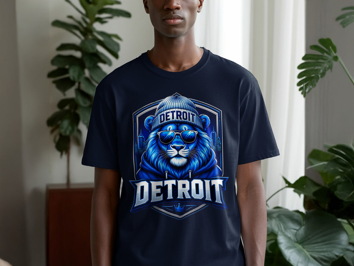 Navy t-shirt with a blue lion wearing a beanie and sunglasses, with "DETROIT" text.
