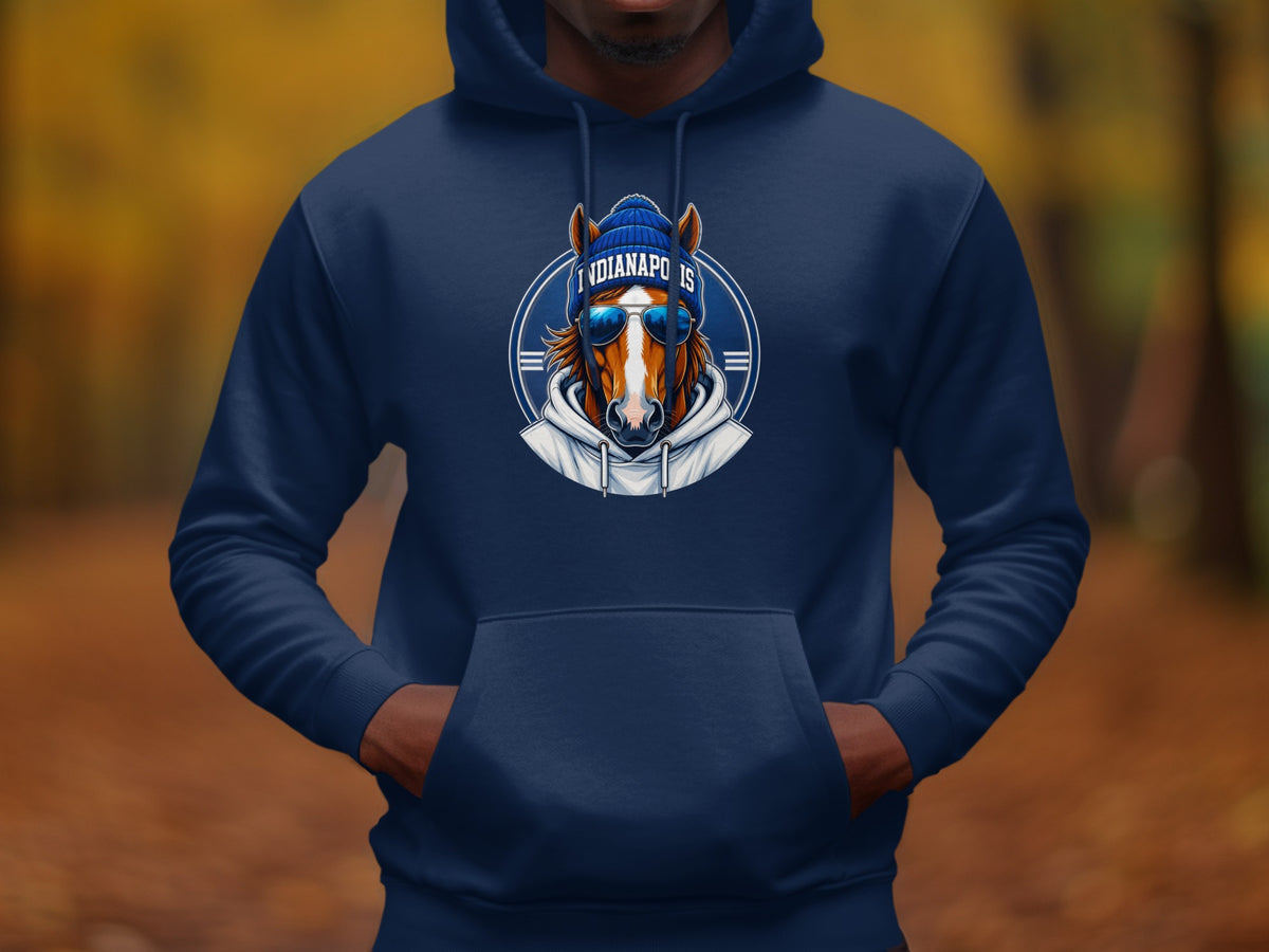Navy hoodie with Indianapolis horse graphic wearing beanie and sunglasses.