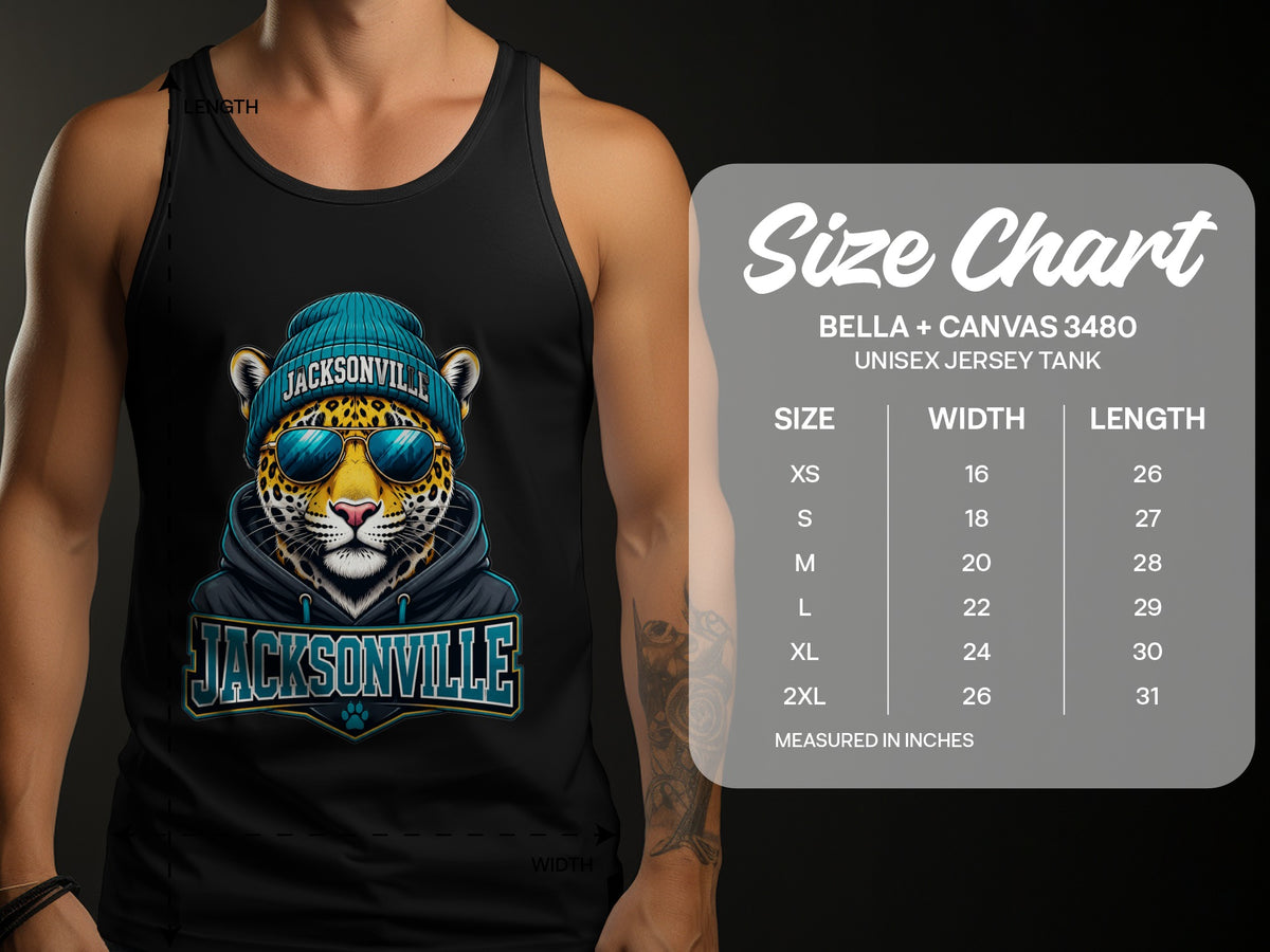 Black tank top with Jacksonville jaguar graphic and size chart.