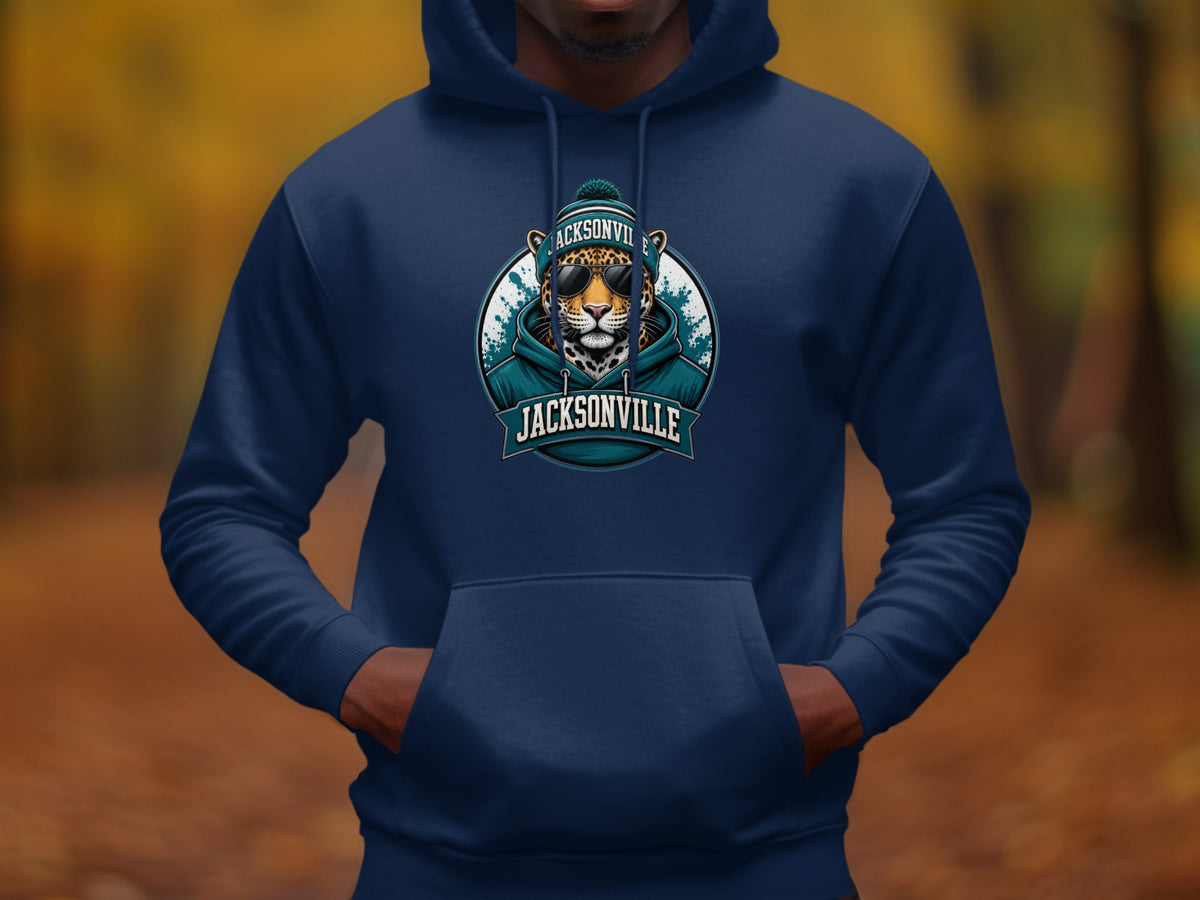 Navy hoodie with Jacksonville jaguar graphic and text.