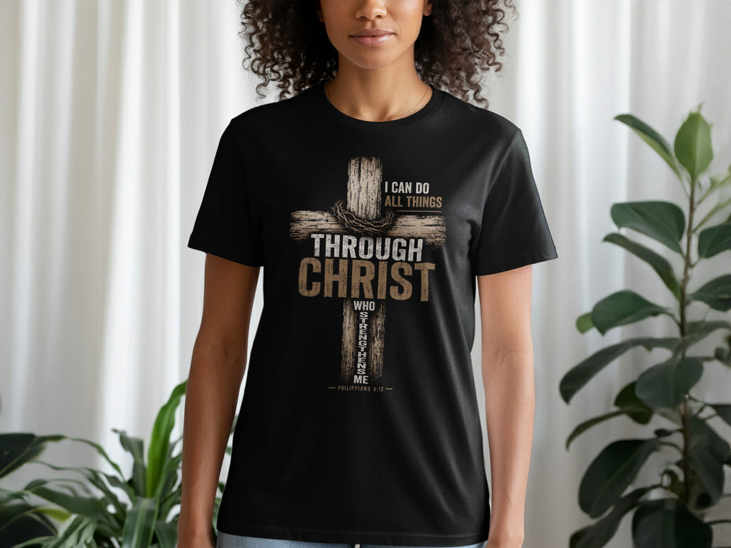 Black t-shirt with a wooden cross design and text from Philippians 4:13.