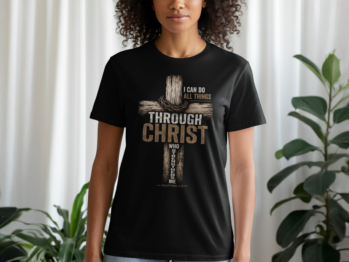 Black t-shirt with a wooden cross design and text from Philippians 4:13.