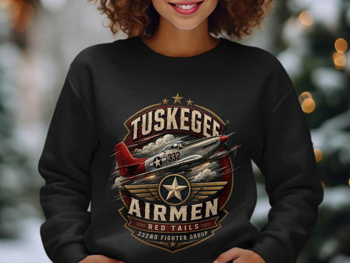 Tuskegee Airmen Red Tails 332nd Fighter Group graphic on black sweatshirt.