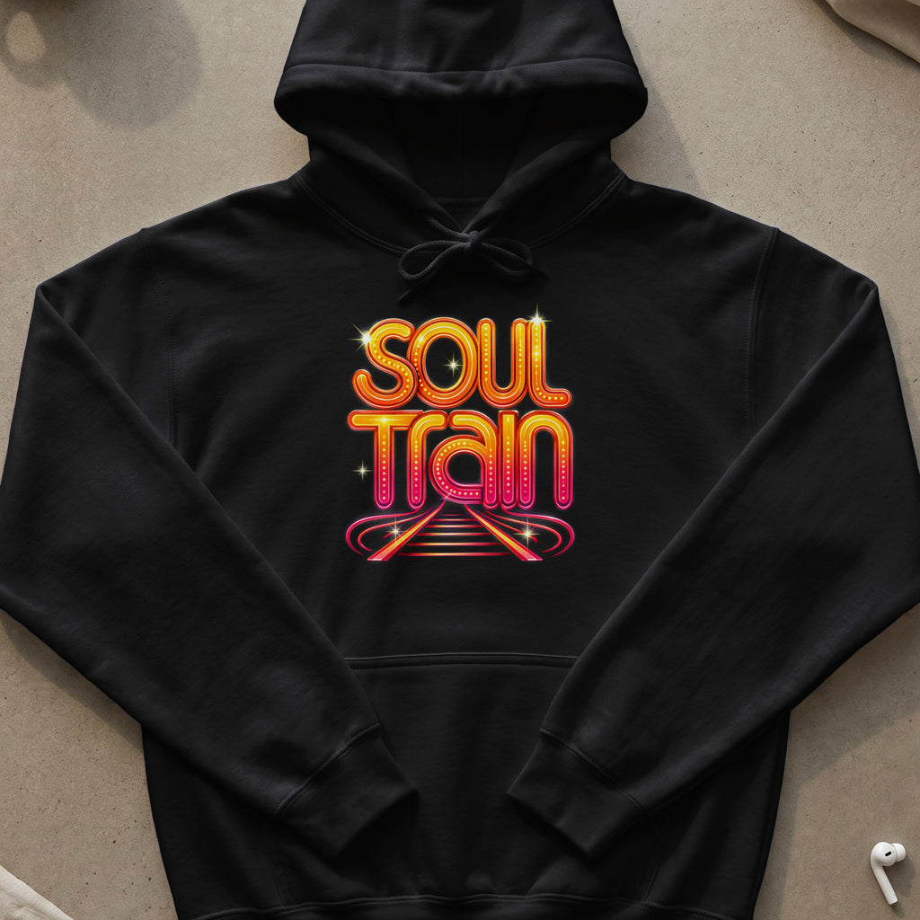 Black hoodie with neon "Soul Train" logo featuring a stylized train track graphic.