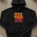 Black hoodie with neon "Soul Train" logo featuring a stylized train track graphic.
