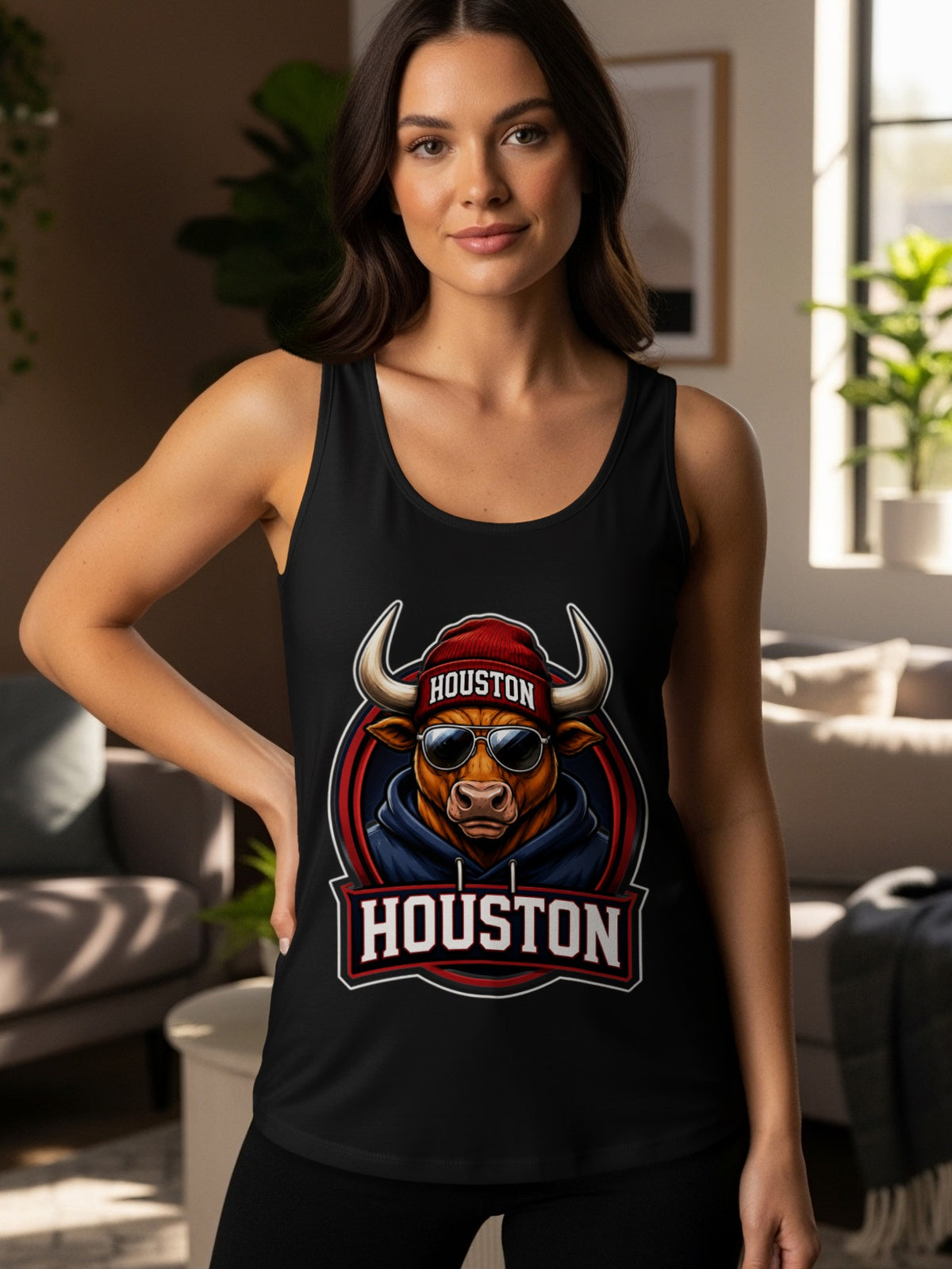 Black tank top with a cartoon bull wearing sunglasses and a beanie with "Houston" text.