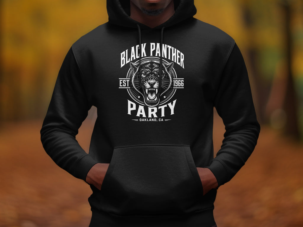 Black hoodie with Black Panther Party Oakland CA Est 1966 graphic.