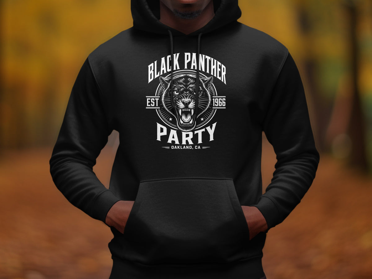 Black hoodie with Black Panther Party Oakland CA Est 1966 graphic.