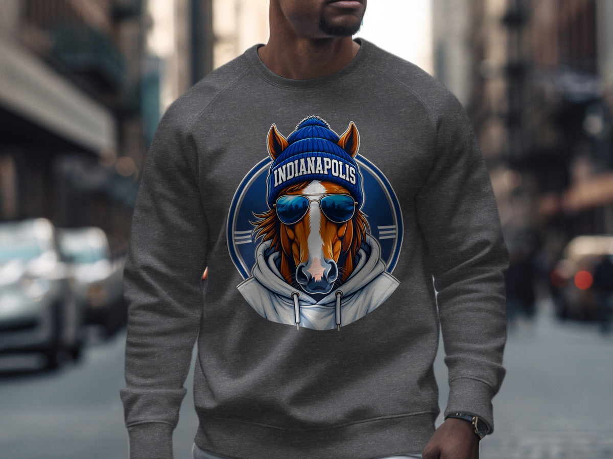 Grey sweatshirt with an Indianapolis horse graphic wearing sunglasses and a beanie.